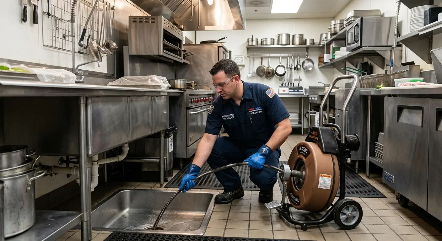 Commercial drain cleaning service in a restaurant kitchen in Lower Saucon