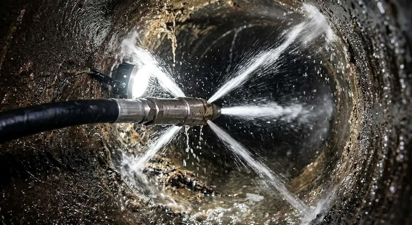 High-pressure hydro jetting nozzle cleaning sewer pipe for Trenchless Sewer Repair in Lower Saucon