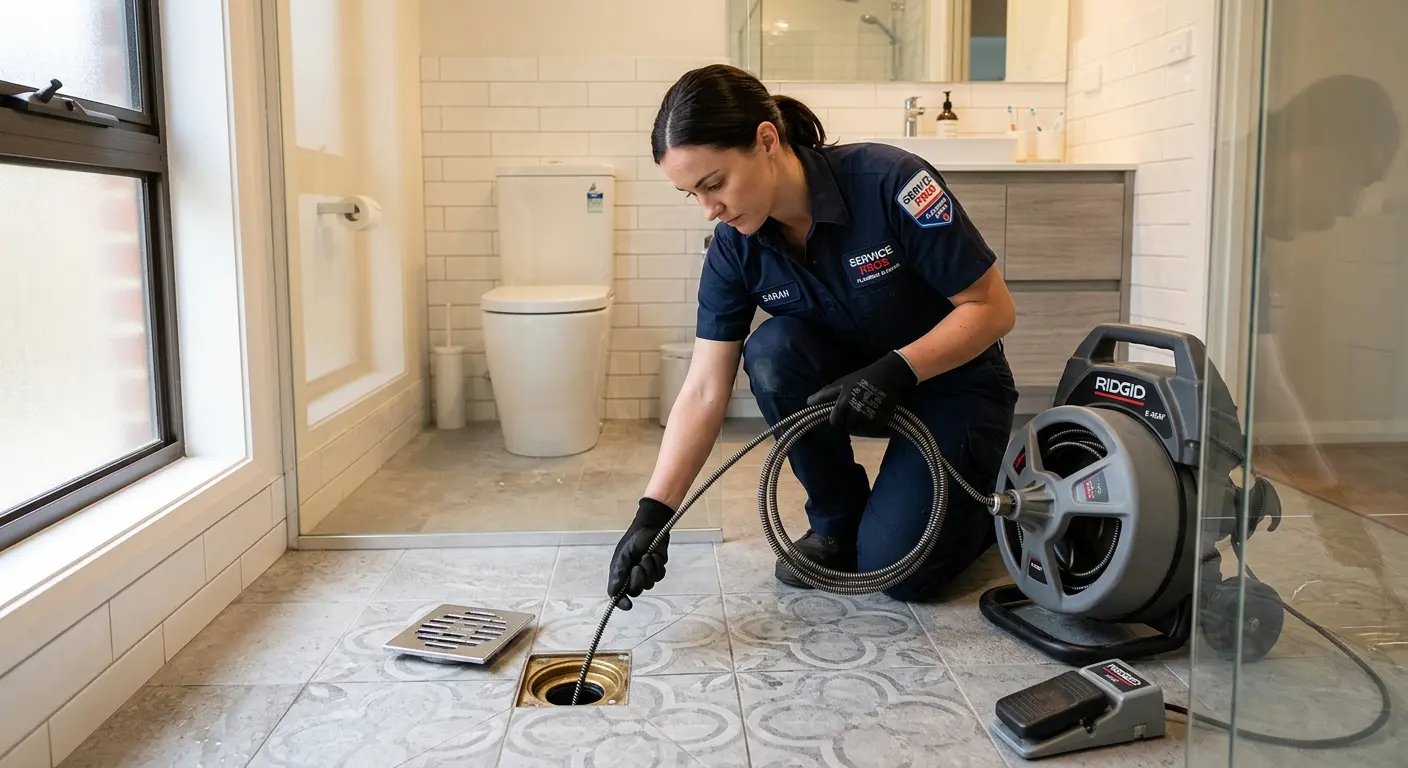 Technician clearing a bathroom floor drain for Drain Cleaning in Lower Saucon
